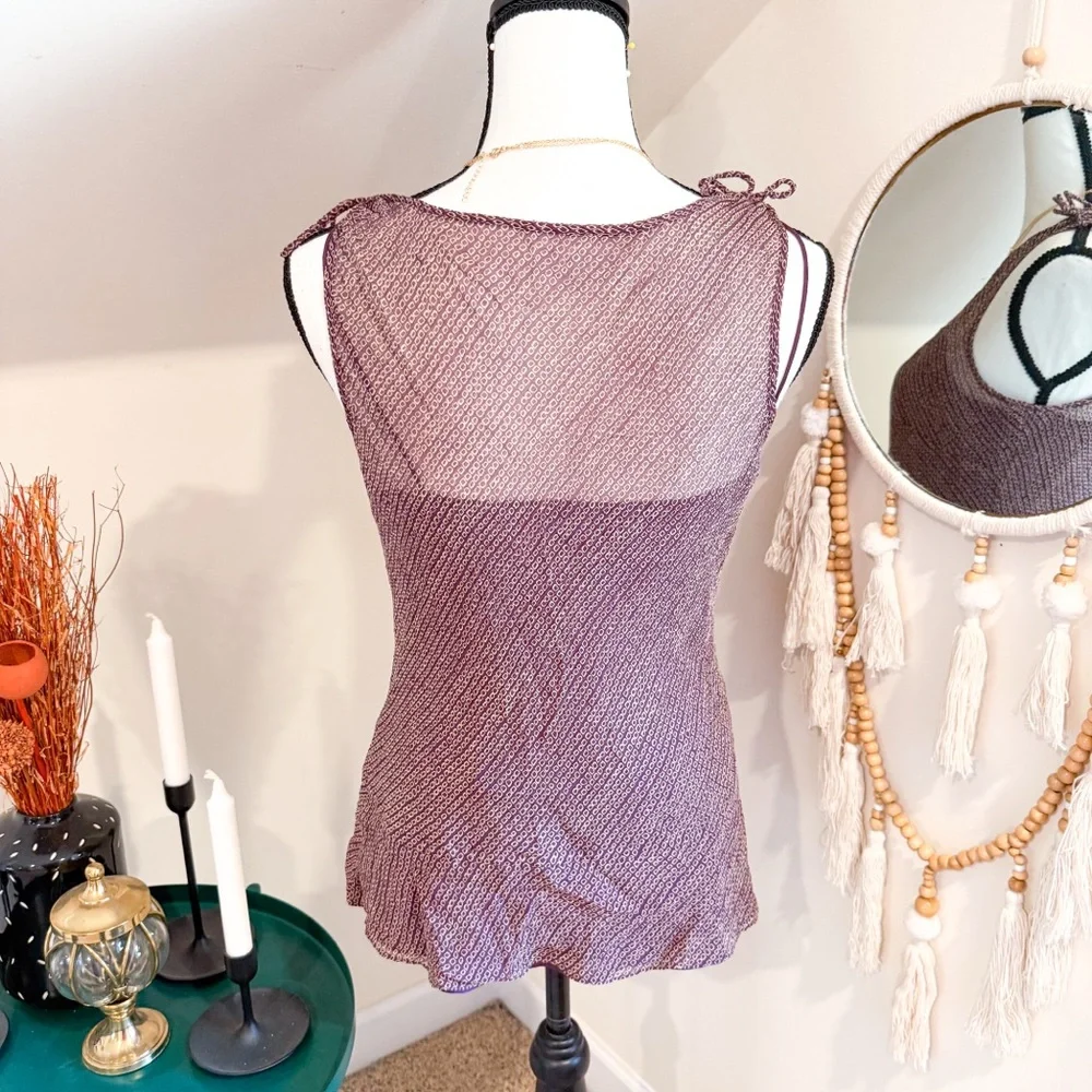 Ann Taylor Silk Purple Patterned Sleeveless Tank Top w/ Shoulder Ties - Picture 4 of 6